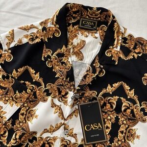 Casa Moda Woven Shirt Short Sleeve Black Good Luxury Baroque Pattern Mens Size M